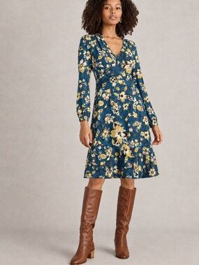 Closer London Teal Floral Midi Dress Tie Back Sz US 10 UK made